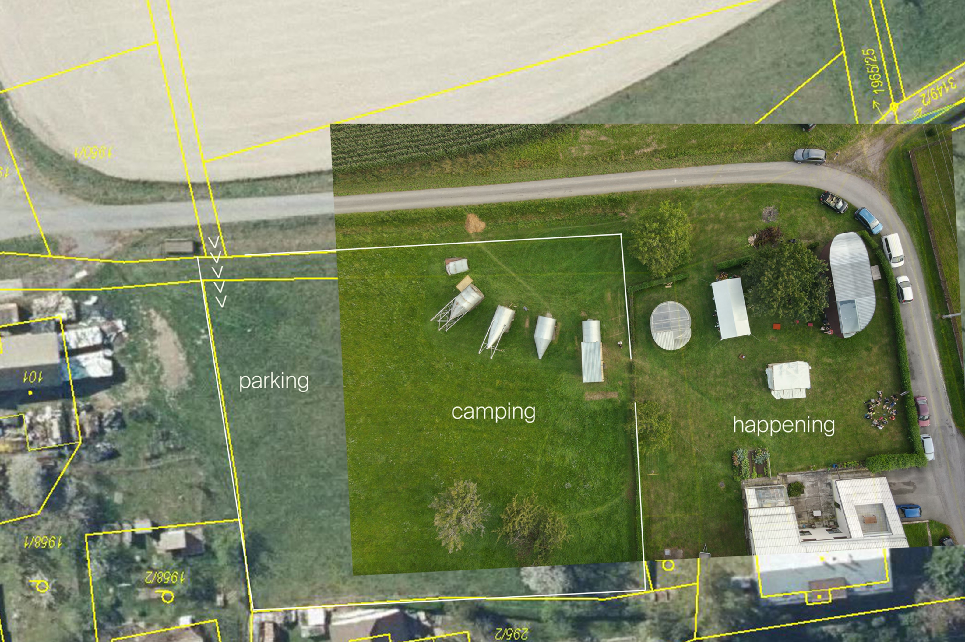 Aerial view of festival site showing camping, parking and happening areas